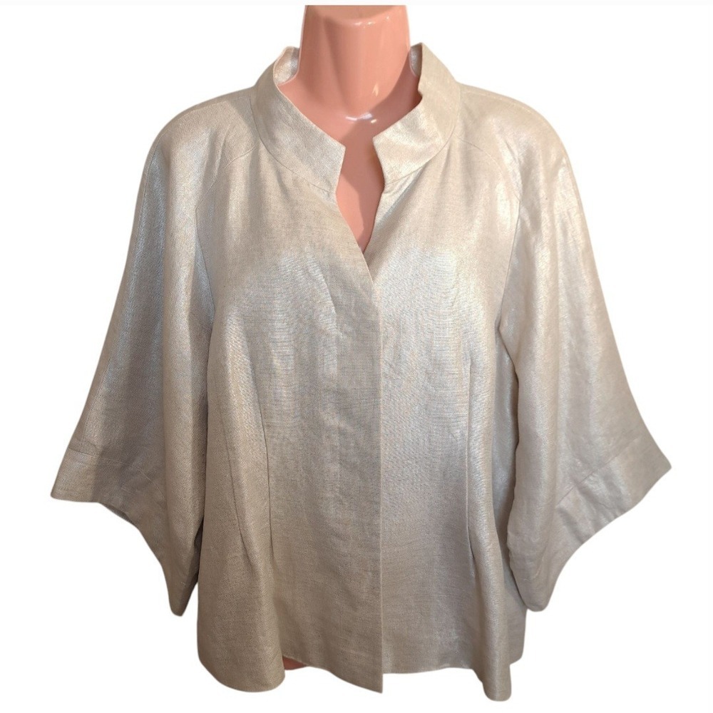Semantiks Women's Blazer/Jacket Metallic Beige 100% Linen 3/4 Sleeve Size M